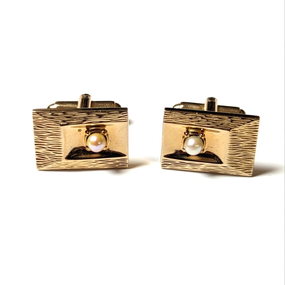 Vintage Brushed Textured Gold Tone Faux Pearl Rectangle Cufflinks